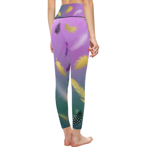 Dancing Feathers - Pink and Green Women's All Over Print High-Waisted Leggings (Model L36)
