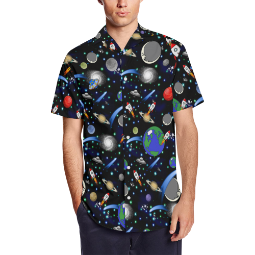 Galaxy Universe - Planets, Stars, Comets, Rockets Men's Short Sleeve Shirt with Lapel Collar (Model T54)