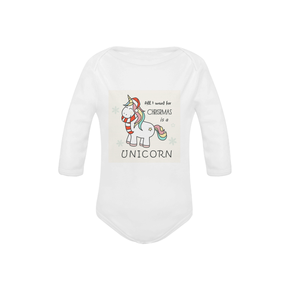 All I Want For Christmas Is A Unicorn Baby Powder Organic Long Sleeve One Piece (Model T27)