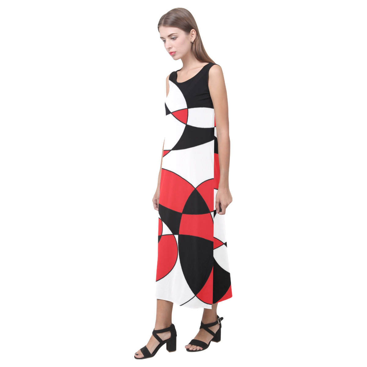 Black, White and Red Ellipticals Phaedra Sleeveless Open Fork Long Dress (Model D08)