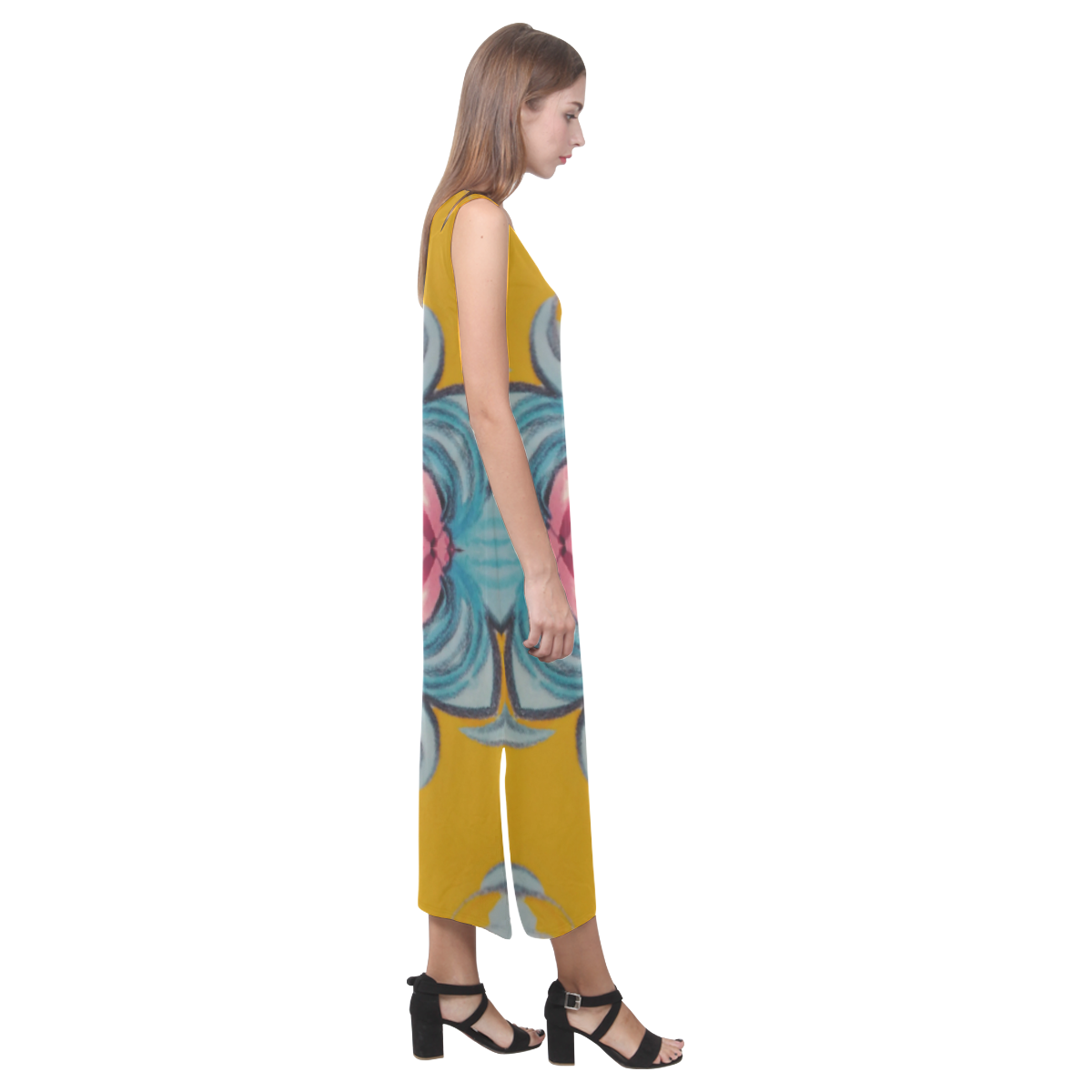 Mustard Yellow Blue Flower Center Phaedra Sleeveless Open Fork Long Dress (Model D08)
