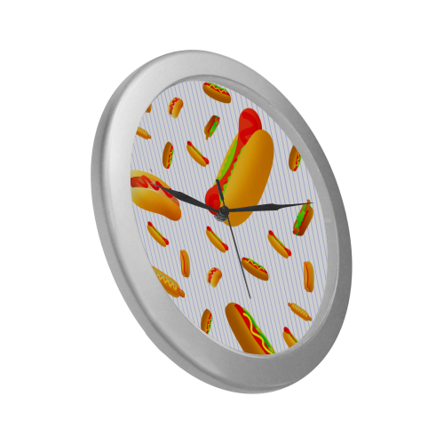 Hot Dogs on Pinstripes Silver Color Wall Clock