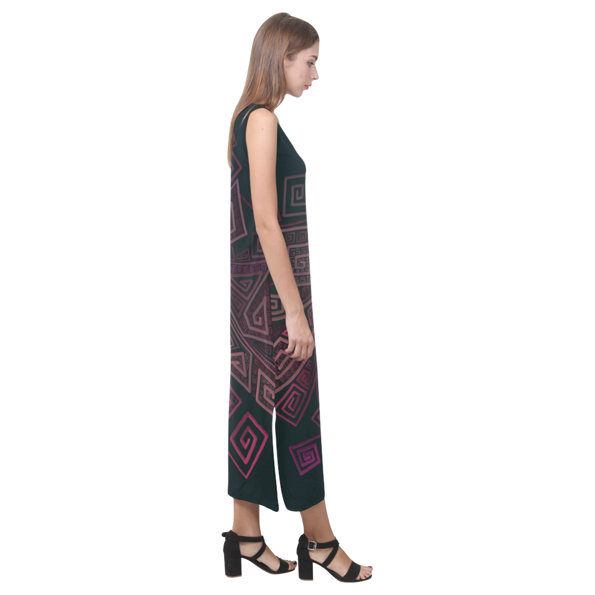 Psychedelic 3D Square Spirals - pink and orange Phaedra Sleeveless Open Fork Long Dress (Model D08)