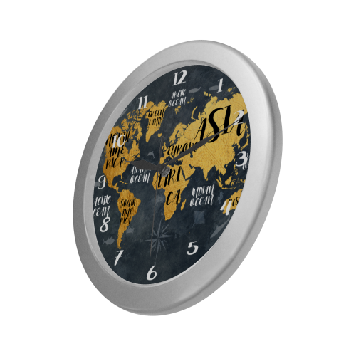 world map watch 3 Silver Color Wall Clock