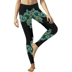 Aqua and Black  Hearts Lace Fractal Abstract Women's Low Rise Leggings (Invisible Stitch) (Model L05)