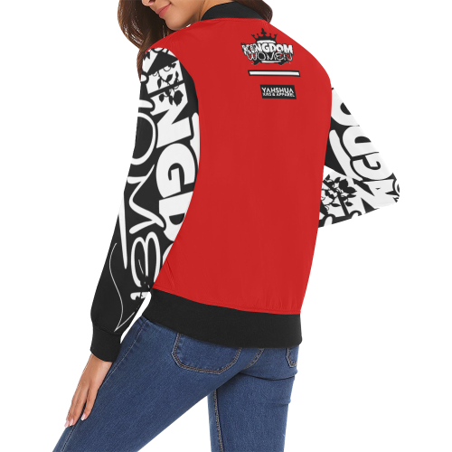 Red/Black All Over Print Bomber Jacket for Women (Model H19)