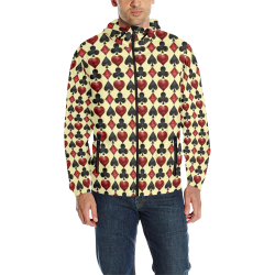 Las Vegas Black and Red Casino Poker Card Shapes on Yellow All Over Print Quilted Windbreaker for Men (Model H35)