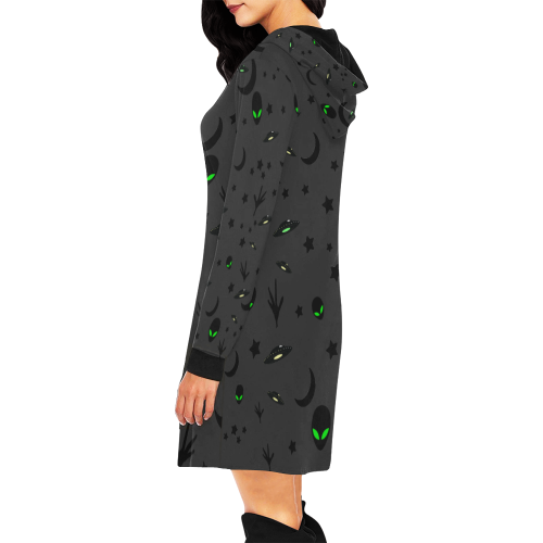Alien Flying Saucers Stars Pattern on Charcoal All Over Print Hoodie Mini Dress (Model H27)