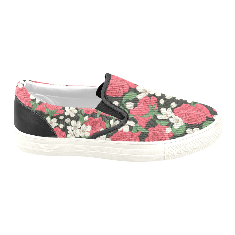 Pink, White and Black Floral Slip-on Canvas Shoes for Men/Large Size (Model 019)