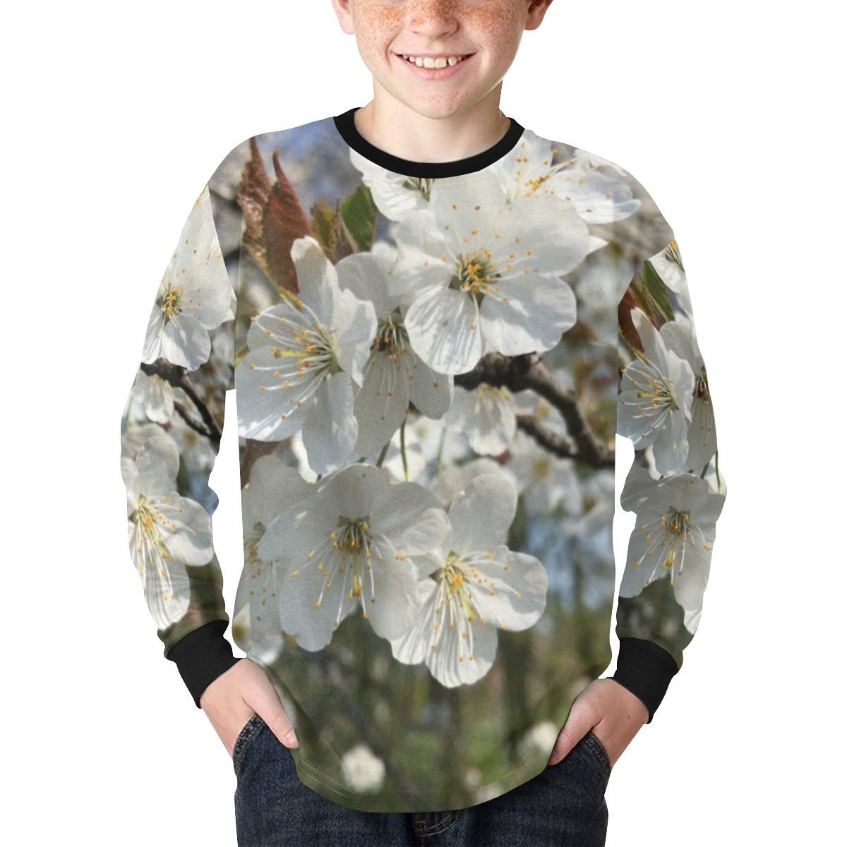 white flower Kids' Rib Cuff Long Sleeve T-shirt (Model T64)