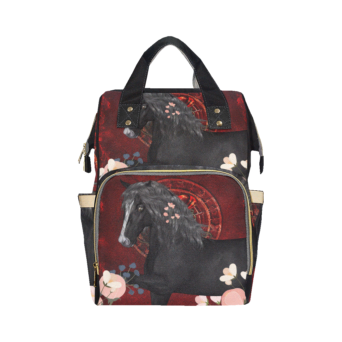 Black horse with flowers Multi-Function Diaper Backpack/Diaper Bag (Model 1688)