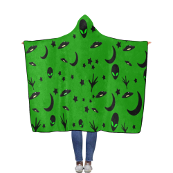 Alien Flying Saucers Stars Pattern on Green Flannel Hooded Blanket 56''x80''