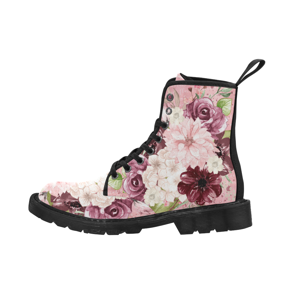 Flowers Boots, Pink Watercolor Flowers Martin Boots for Women (Black) (Model 1203H)