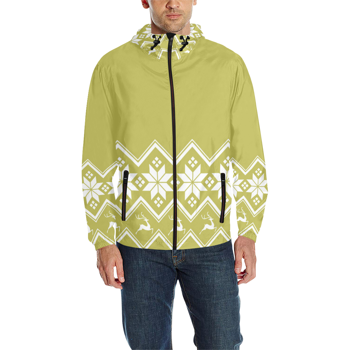 Christmas Reindeer Snowflake Gold All Over Print Quilted Windbreaker for Men (Model H35)