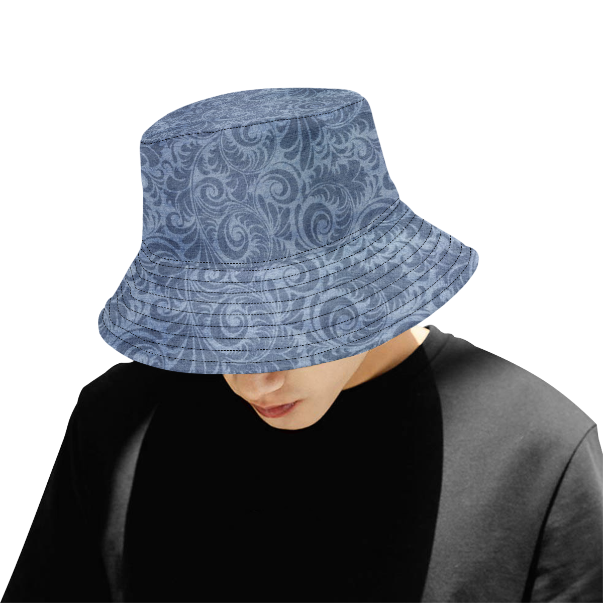 Denim with vintage floral pattern, blue boho All Over Print Bucket Hat for Men