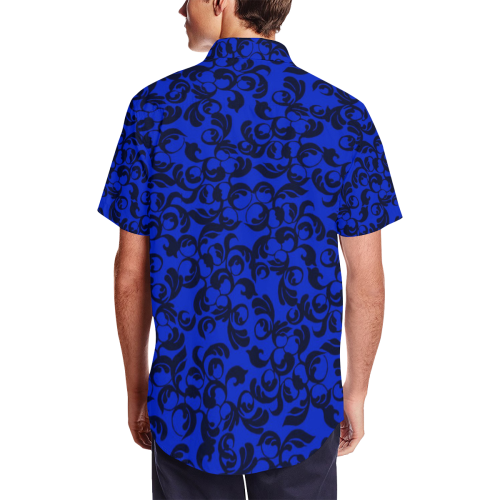 Luciferian Devil Blue Leaf Pattern Satin Dress Shirt Men's Short Sleeve Shirt with Lapel Collar (Model T54)