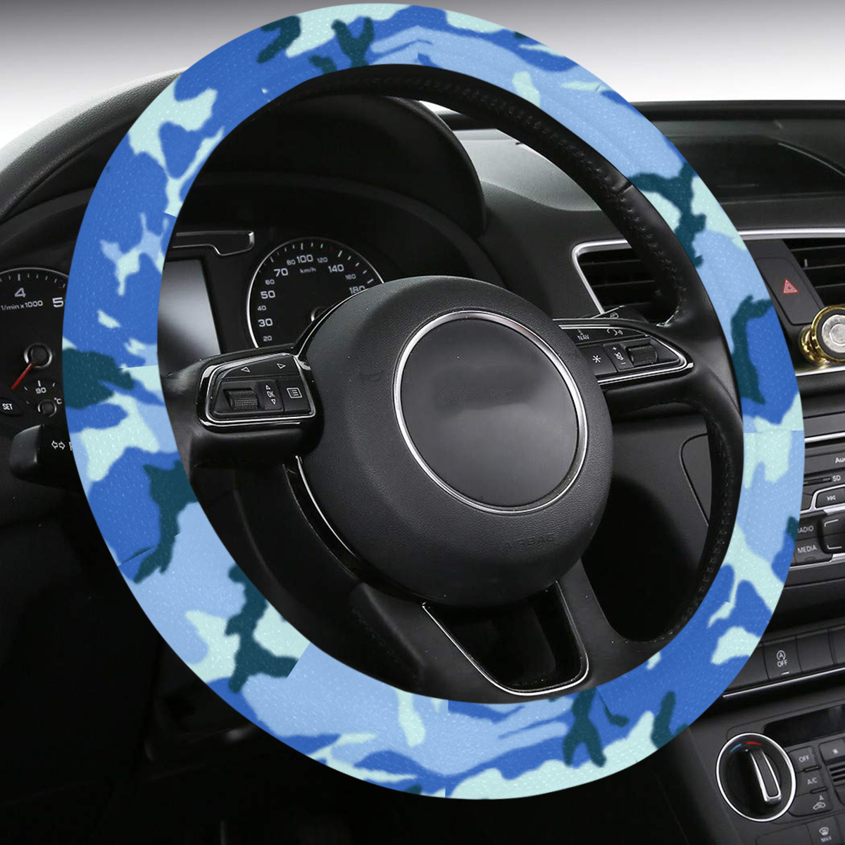 Woodland Blue Camouflage Steering Wheel Cover with Anti-Slip Insert