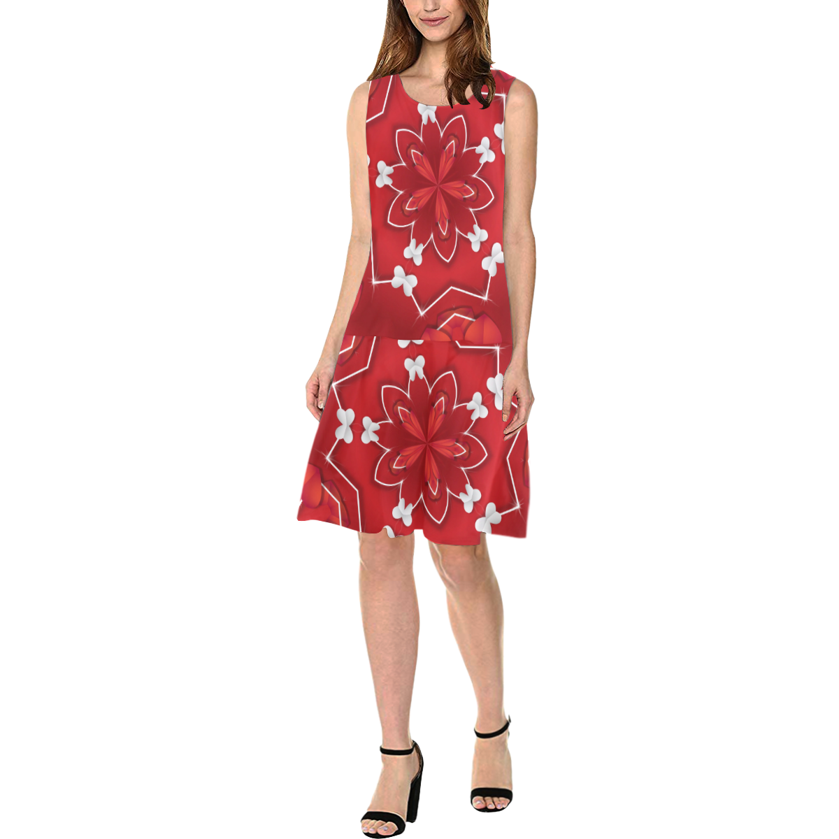 Love and Romance Red and White Hearts and Butterfl Sleeveless Splicing Shift Dress(Model D17)