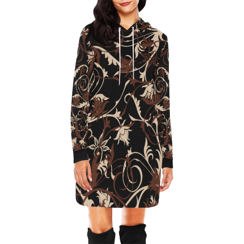 plants and flowers black All Over Print Hoodie Mini Dress (Model H27)