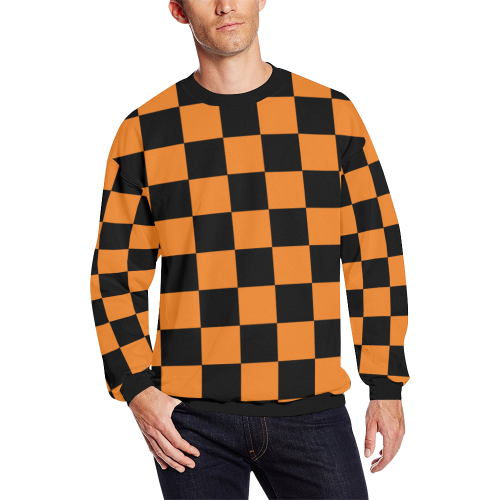 Orange Checkers Long Sleeve Shirt (FLEECE) Men's Oversized Fleece Crew Sweatshirt (Model H18)