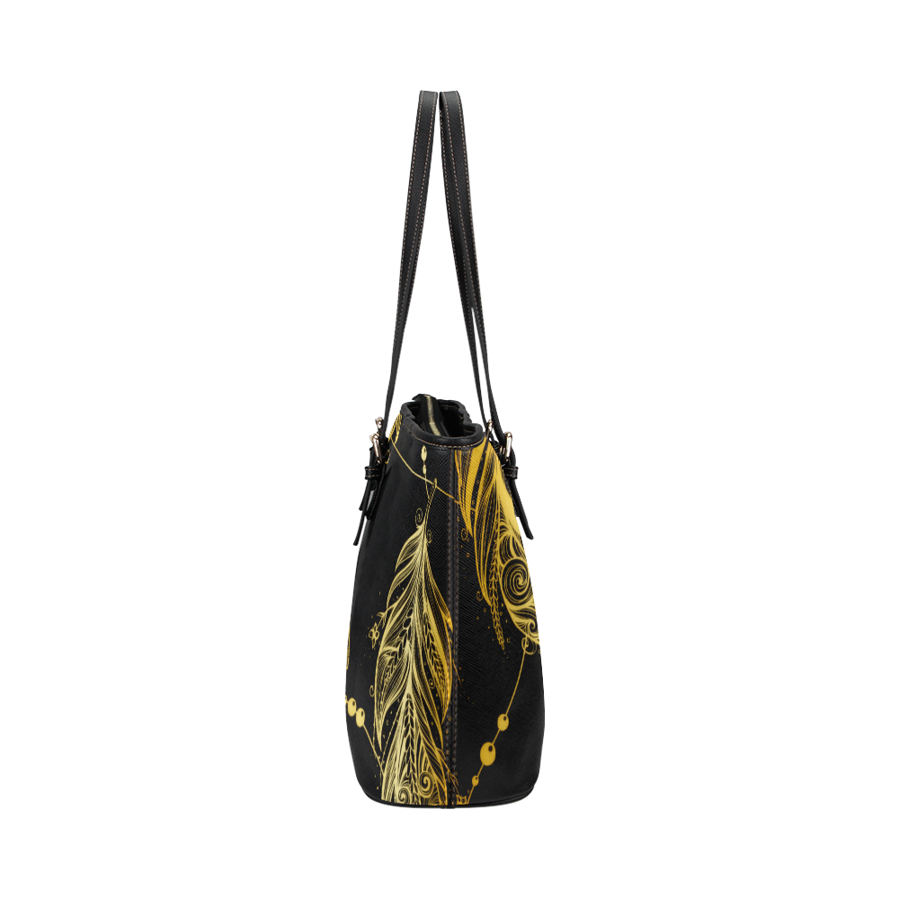 Gold Feathers Leather Tote Bag/Small (Model 1651)
