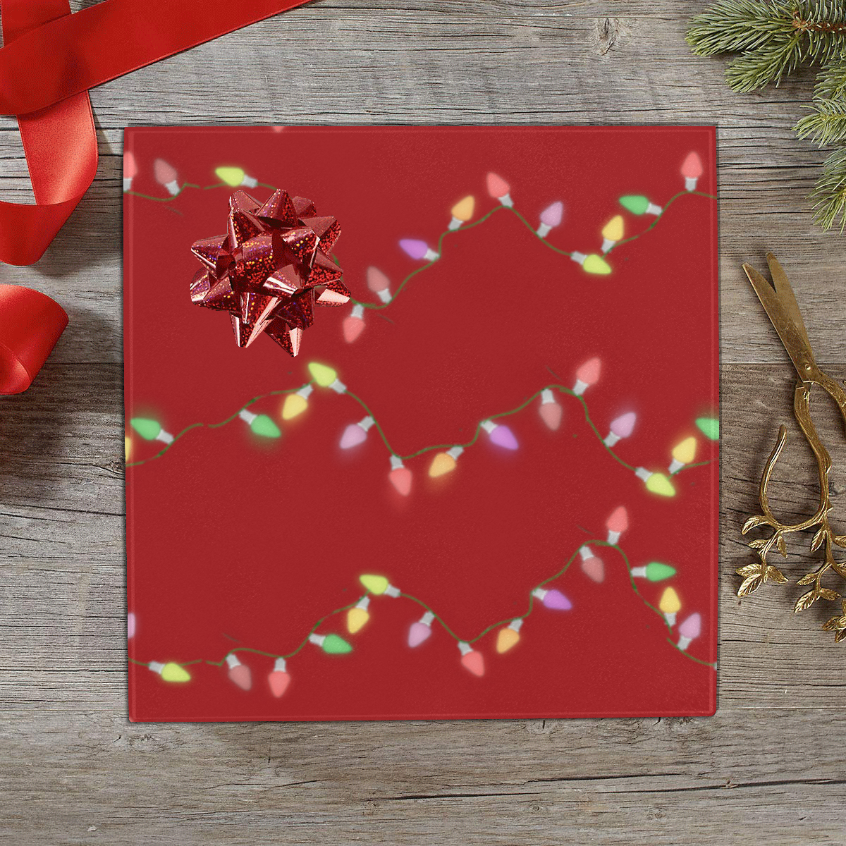Festive Christmas Lights  on Red Gift Wrapping Paper 58"x 23" (1 Roll)