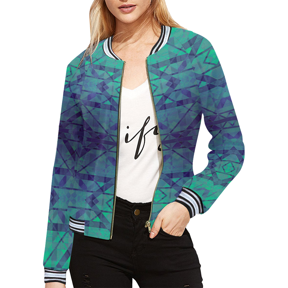 Sci-Fi Dream Blue Geometric design All Over Print Bomber Jacket for Women (Model H21)