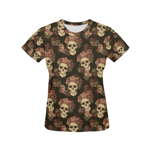 Skull and Rose Pattern All Over Print T-Shirt for Women (USA Size) (Model T40)
