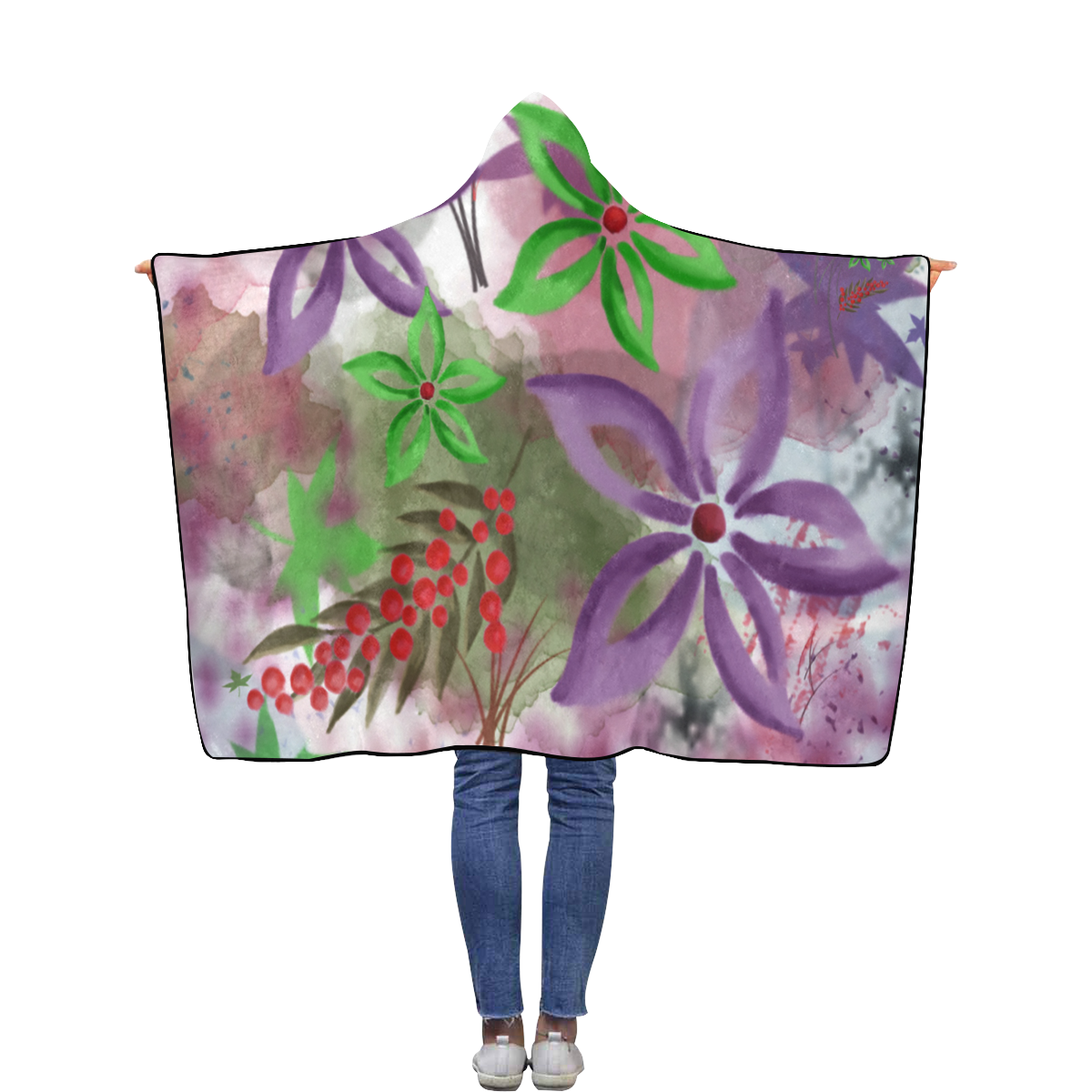 Flower Pattern - purple, violet, green, red Flannel Hooded Blanket 40''x50''