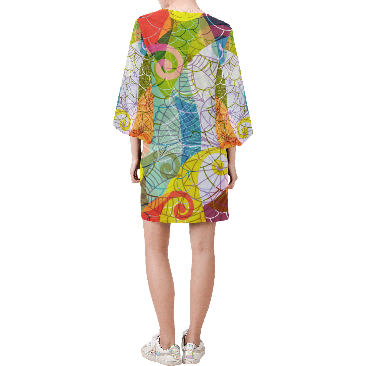 Colorful Translucent Pattern Bell Sleeve Dress (Model D52)