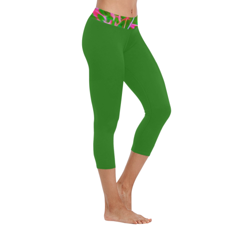 Solid Garden Green with Waist Accent Women's Low Rise Capri Leggings (Invisible Stitch) (Model L08)