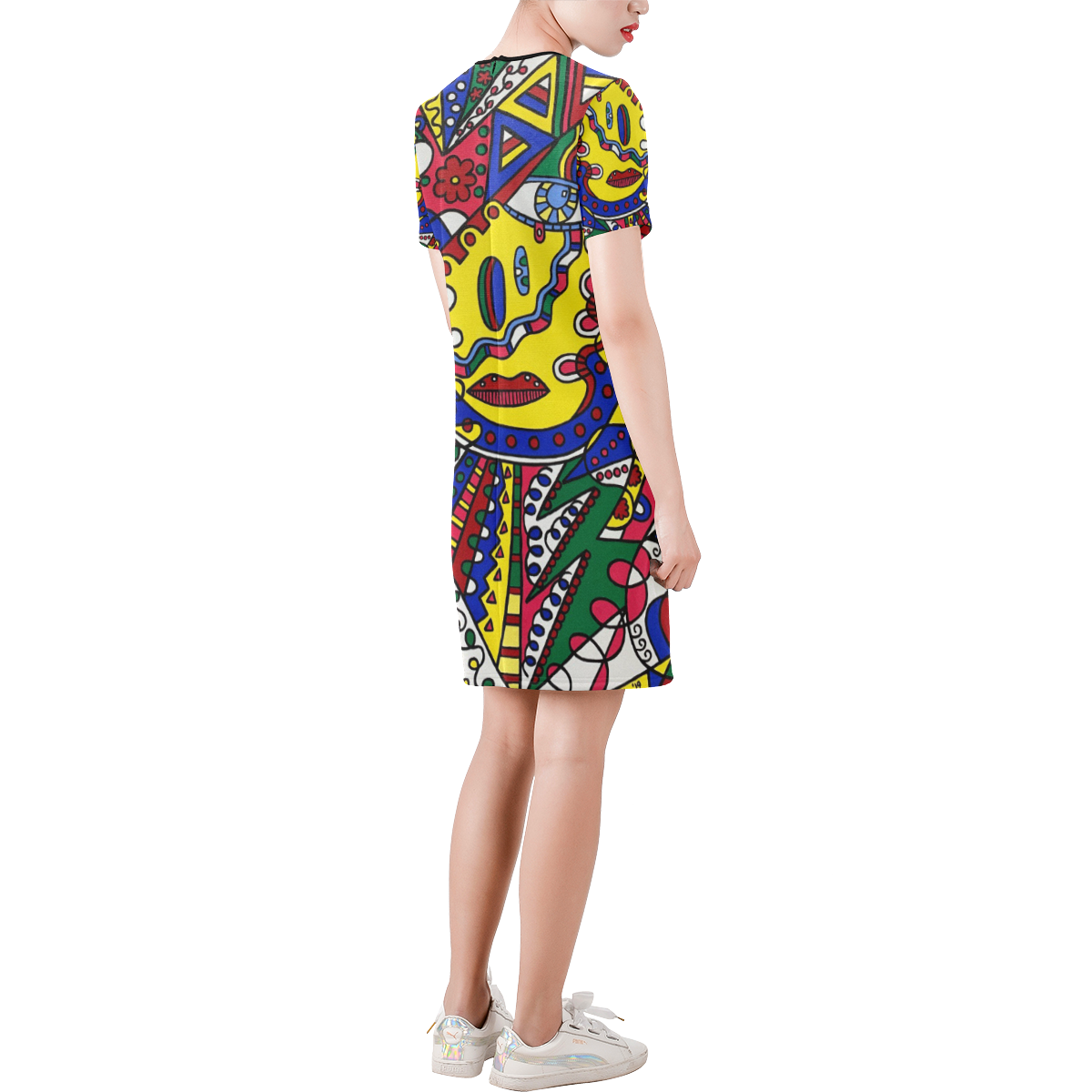 Whimsical Short-Sleeve Round Neck A-Line Dress (Model D47)