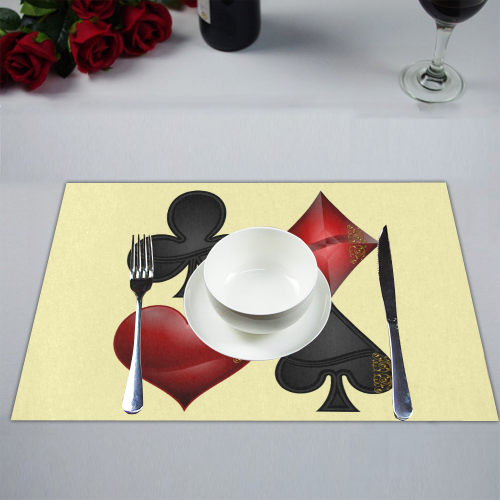 Las Vegas Black and Red Casino Poker Card Shapes on Yellow Placemat 14’’ x 19’’