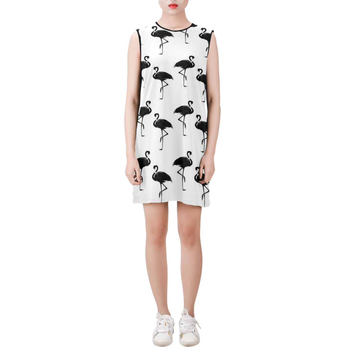 Flamingos Pattern Black and White Sleeveless Round Neck Shift Dress (Model D51)