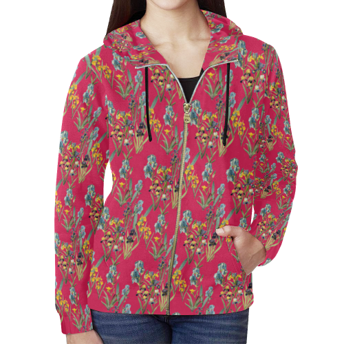 Irises on a red background All Over Print Full Zip Hoodie for Women (Model H14)