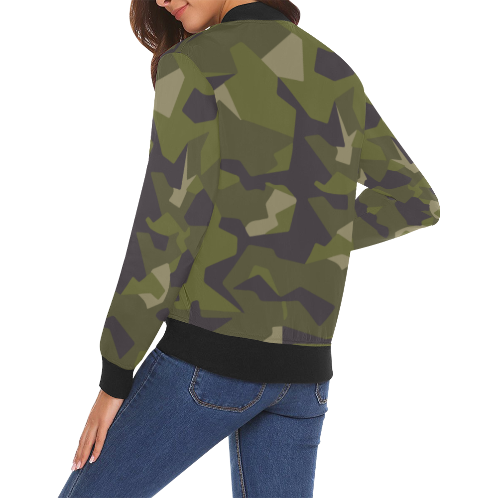 Swedish M90 woodland camouflage All Over Print Bomber Jacket for Women (Model H19)