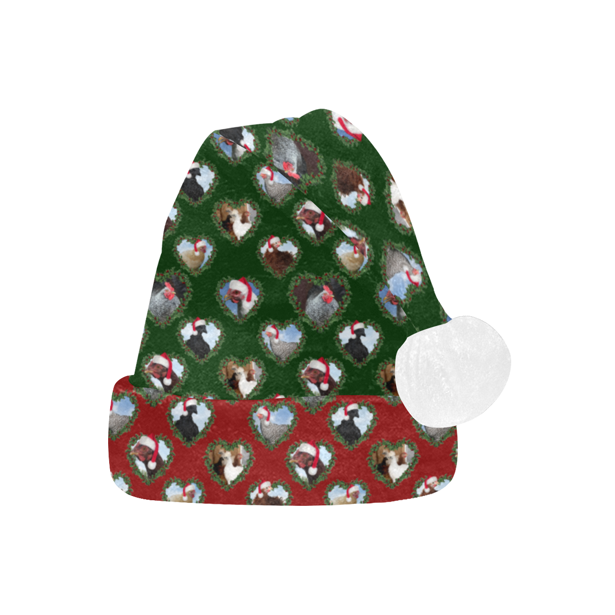 Christmas Chickens in Heart Wreaths Green and Red Santa Hat