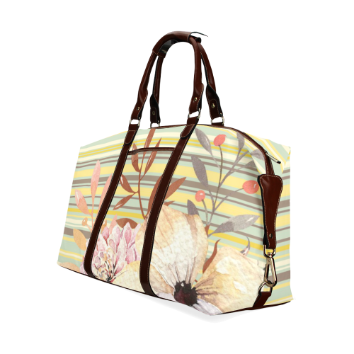 Flowers on Stripes Yellow Tan Classic Travel Bag (Model 1643) Remake