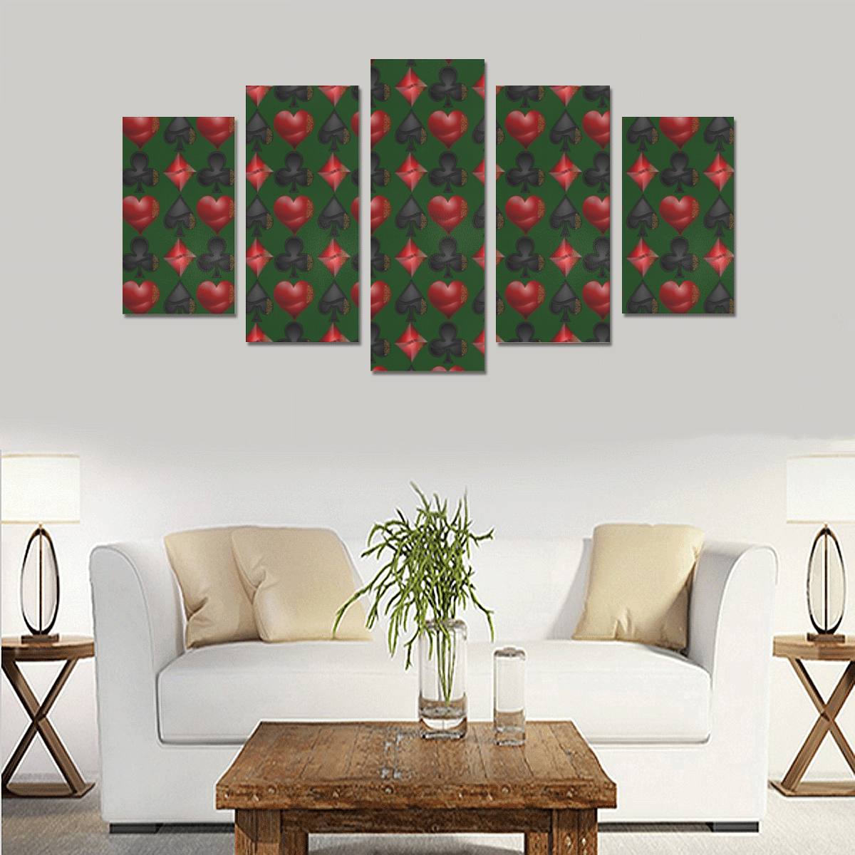 Las Vegas Black and Red Casino Poker Card Shapes on Green Canvas Print Sets A (No Frame)