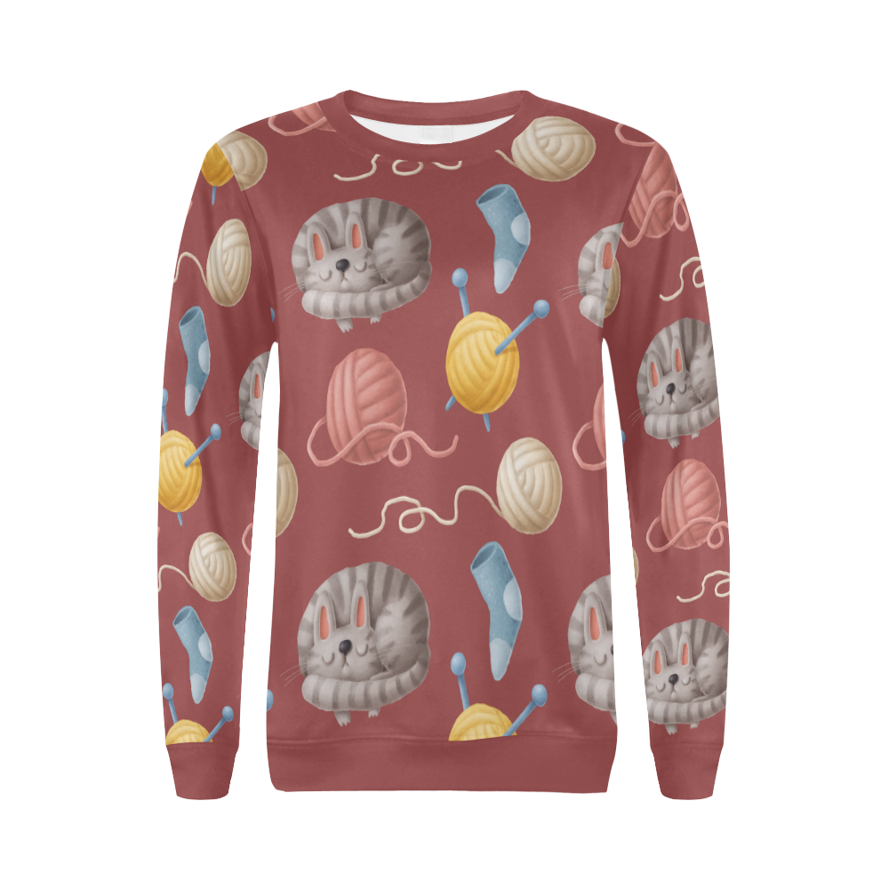 Knitting & Cat All Over Print Crewneck Sweatshirt for Women (Model H18)