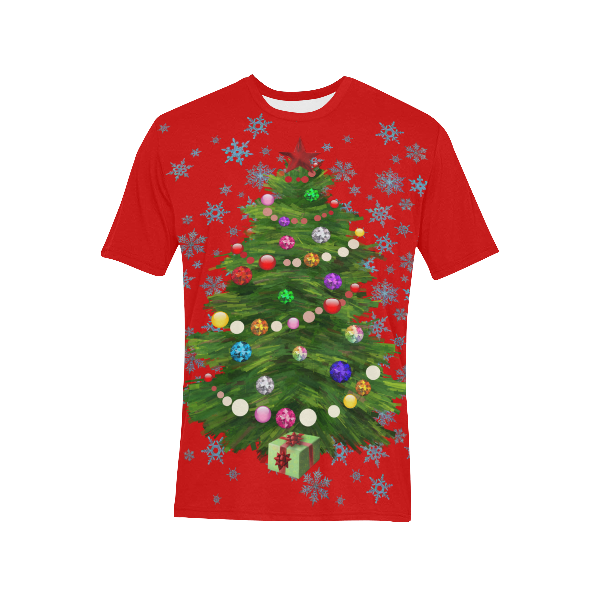 Snowflakes and Christmas Tree with Red Star on red Men's All Over Print T-Shirt (Solid Color Neck) (Model T63)