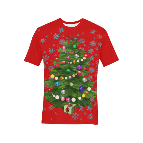 Snowflakes and Christmas Tree with Red Star on red Men's All Over Print T-Shirt (Solid Color Neck) (Model T63)