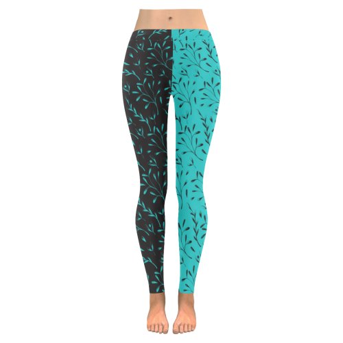 Two-tone Turquoise Black Botanical Floral Women's Low Rise Leggings (Invisible Stitch) (Model L05)