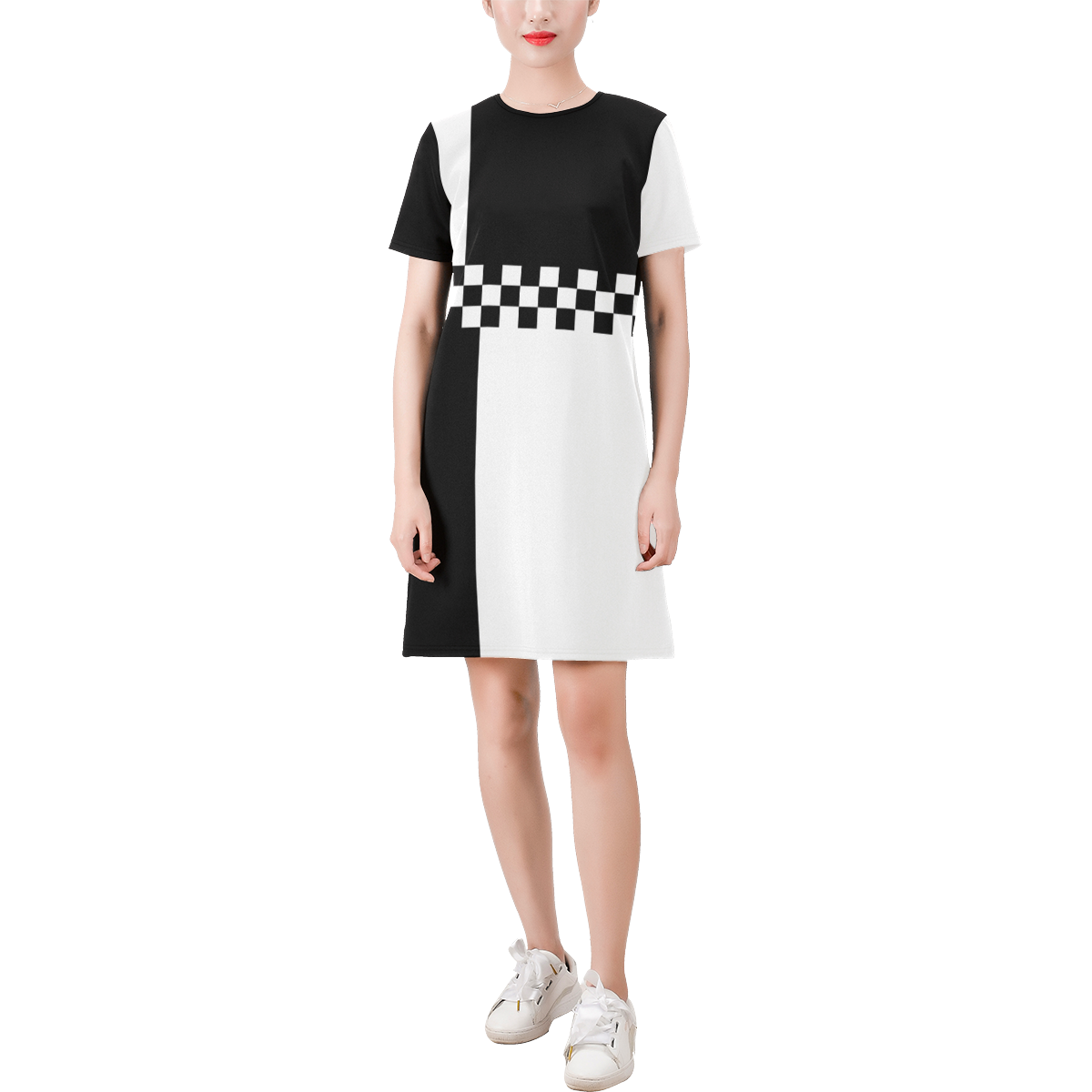 Mod Ska Punk Black and White by ArtformDesigns Short-Sleeve Round Neck A-Line Dress (Model D47)