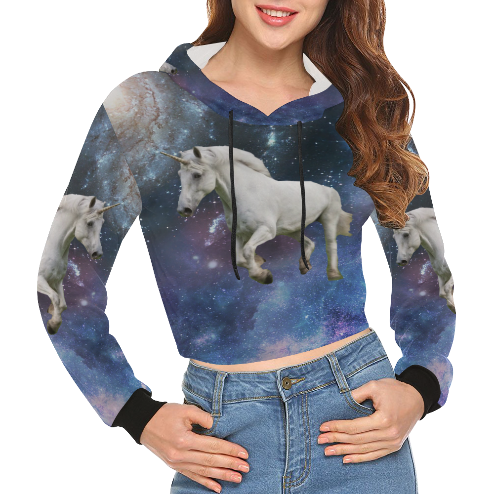 Unicorn and Space All Over Print Crop Hoodie for Women (Model H22)