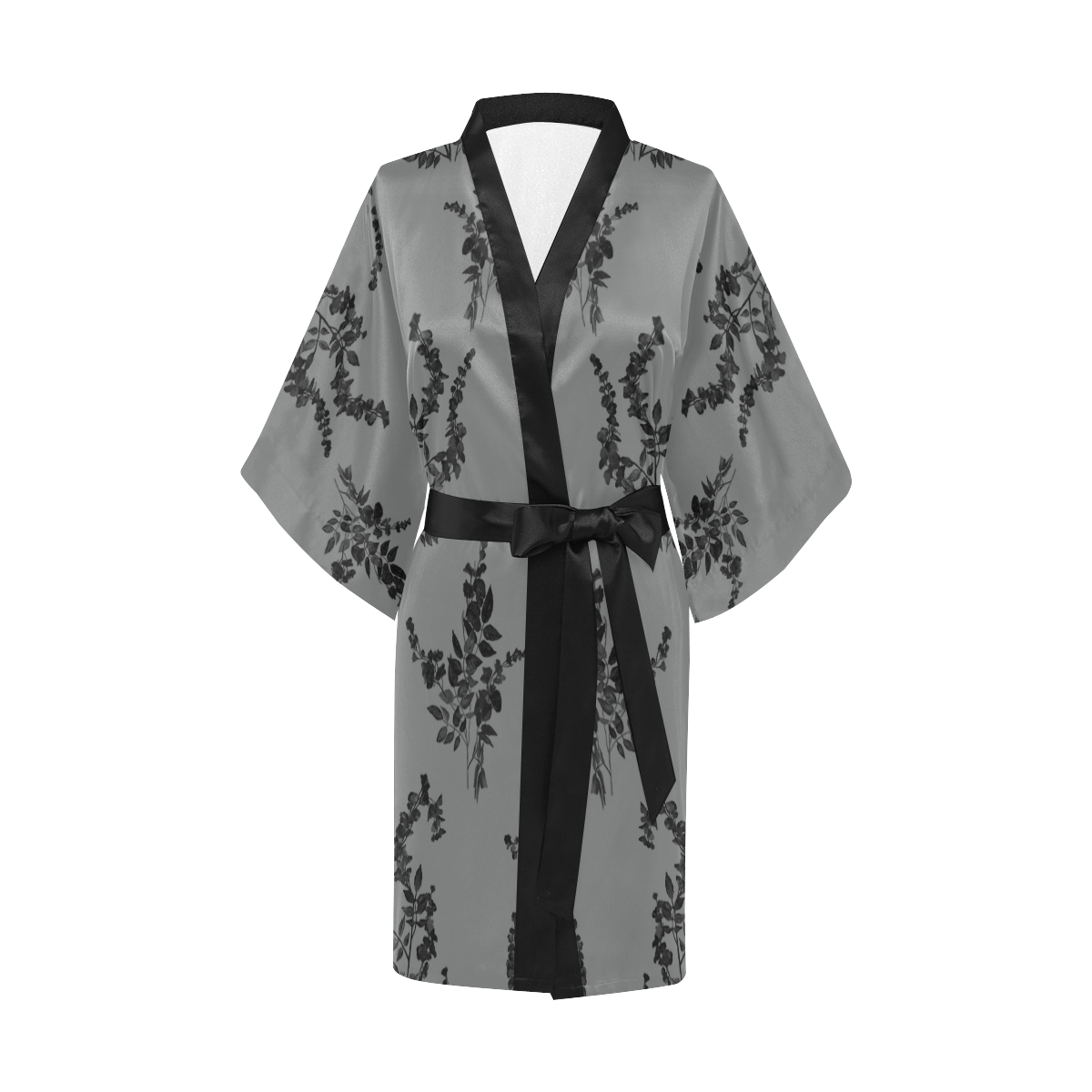Tiny black flowers on light gray Kimono Robe