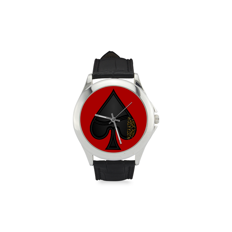 Spade Las Vegas Symbol Playing Card Shape on Red Women's Classic Leather Strap Watch(Model 203)