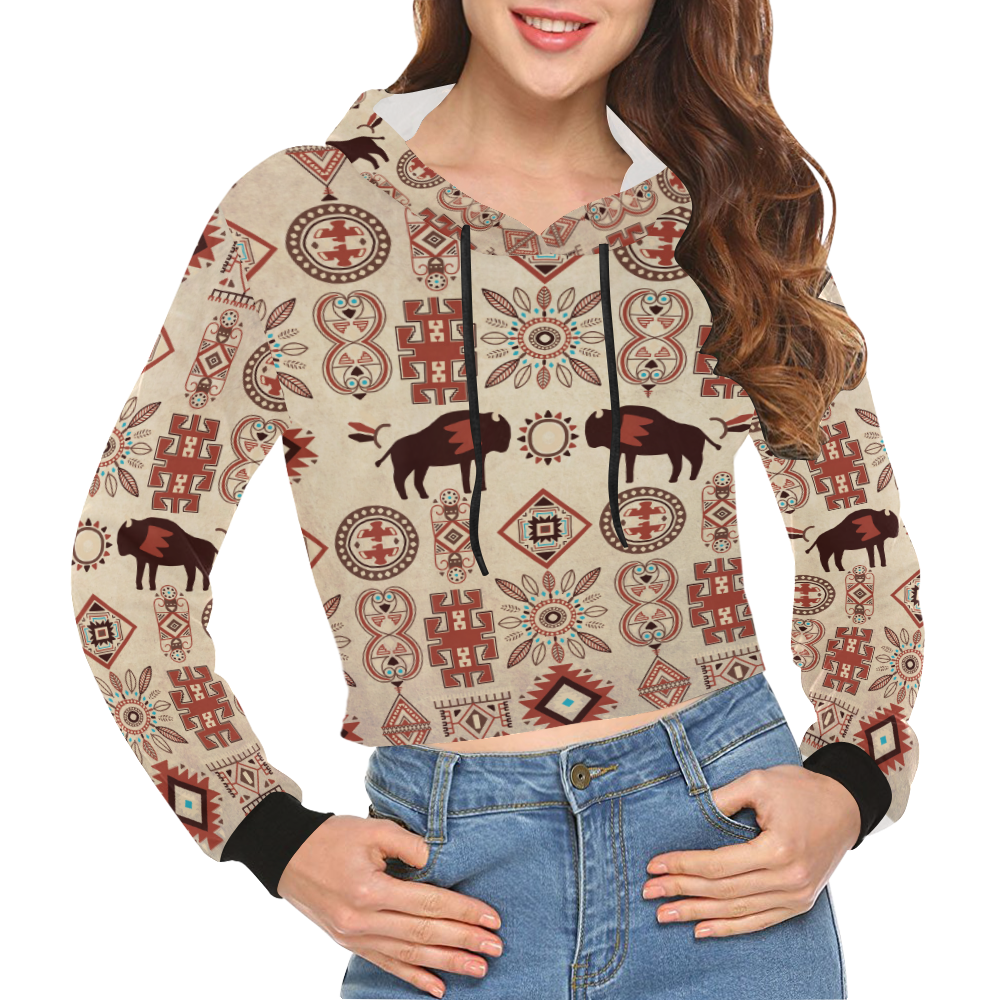 American Native Buffalo All Over Print Crop Hoodie for Women (Model H22)
