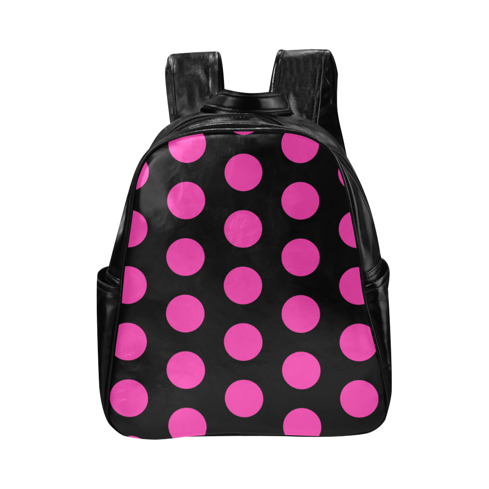 Pink Polka Dots on Black Multi-Pockets Backpack (Model 1636)