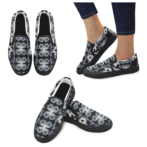 Black and White Daisys Design By Me by Doris Clay-Kersey Men's Unusual Slip-on Canvas Shoes (Model 019)